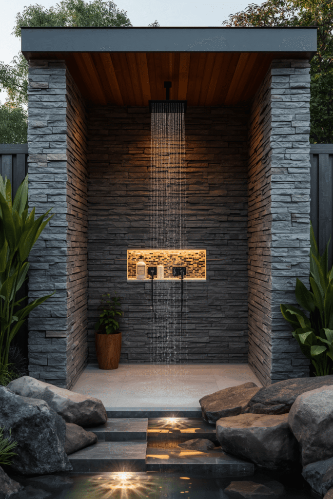 Outdoor Shower with Built In Bench Seating