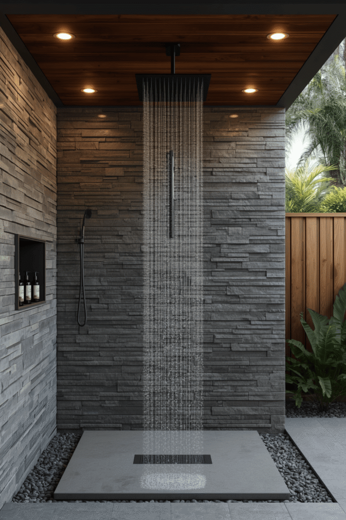Outdoor Shower with Teak Wood Flooring