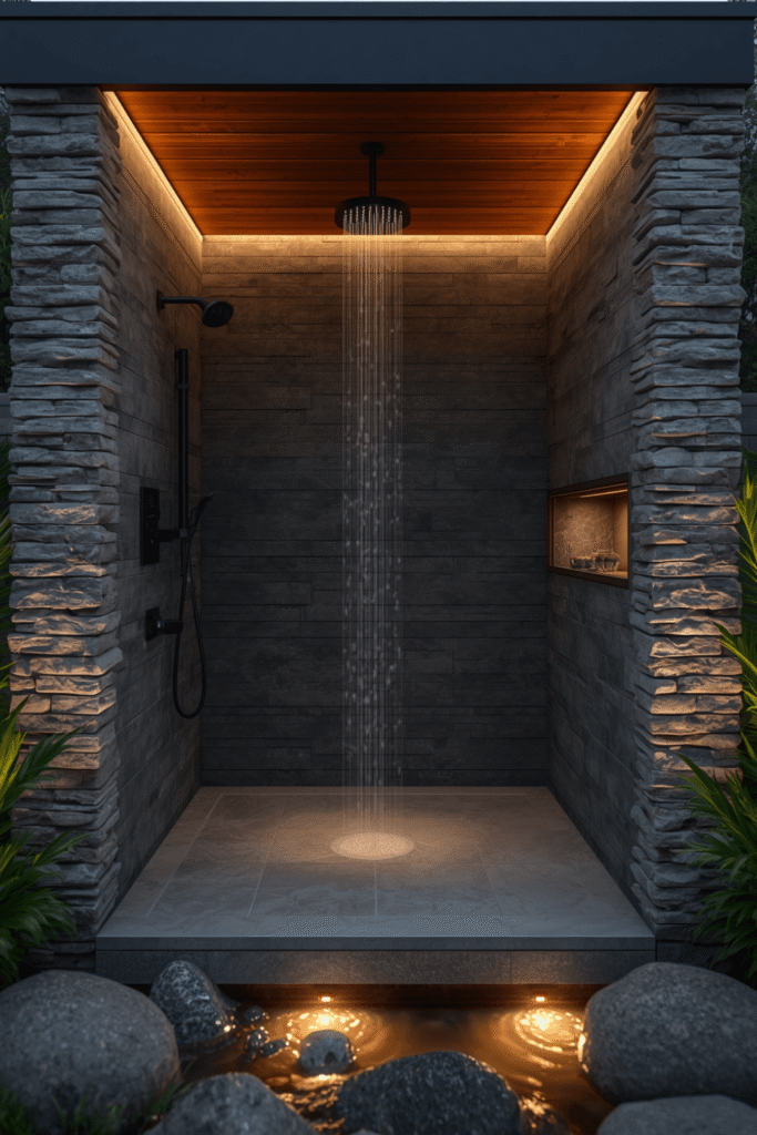 Outdoor Shower with a Partial Privacy Wall