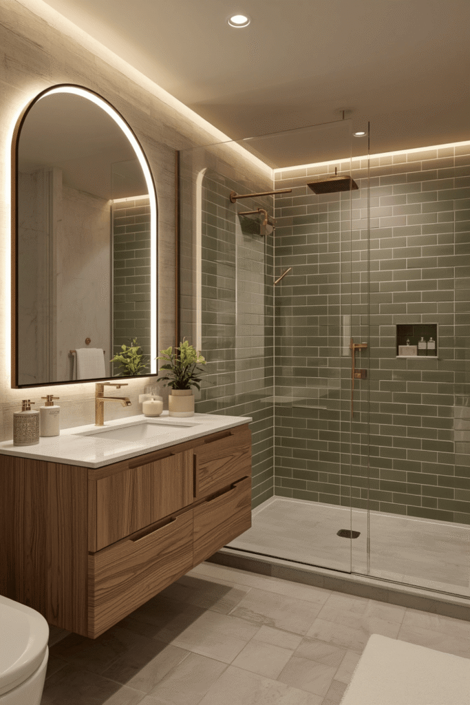 Sage green vanity with white marble countertop