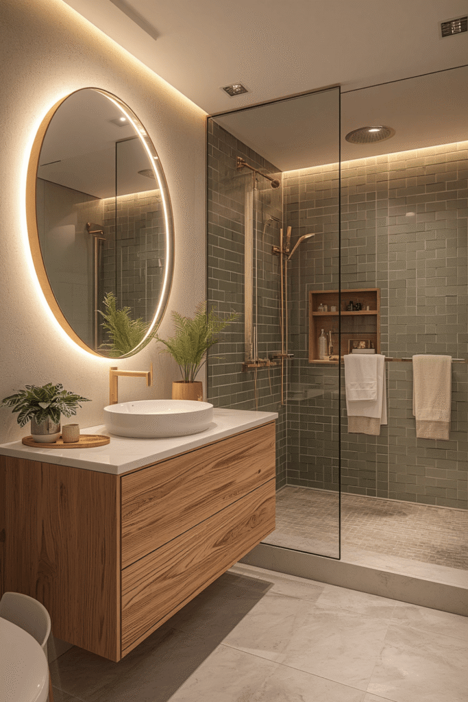 Sage green walls with a white floating vanity
