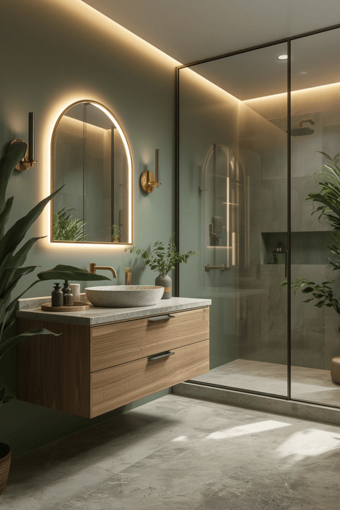 Sage green zellige tile shower