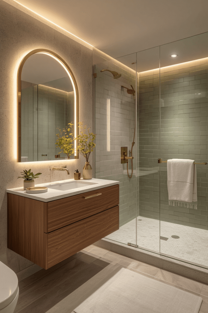 Scandinavian bathroom with pale wood and sage accents