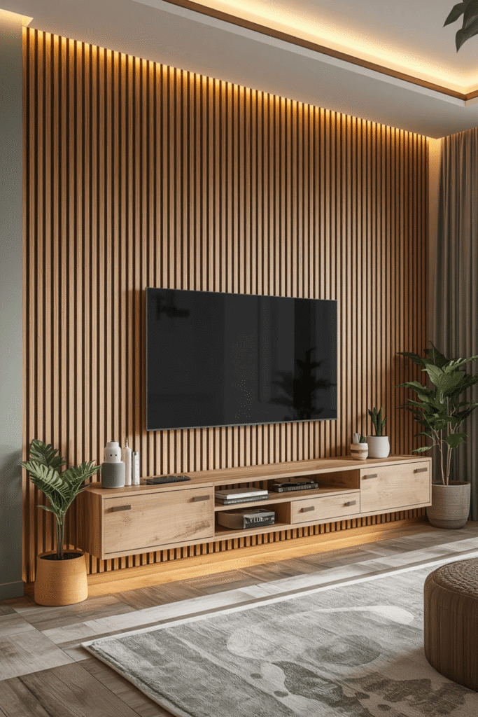 Slat Paneling Extended to the Ceiling