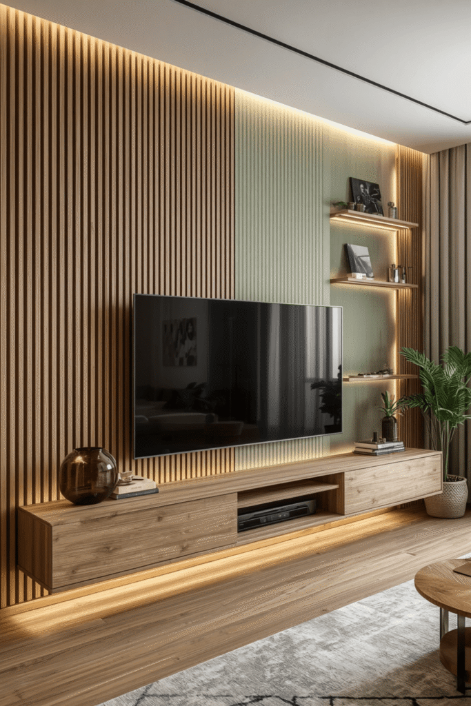 Symmetrical Slat Wall with Statement Lighting