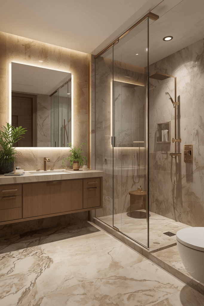 Walk-in shower with a frameless glass door