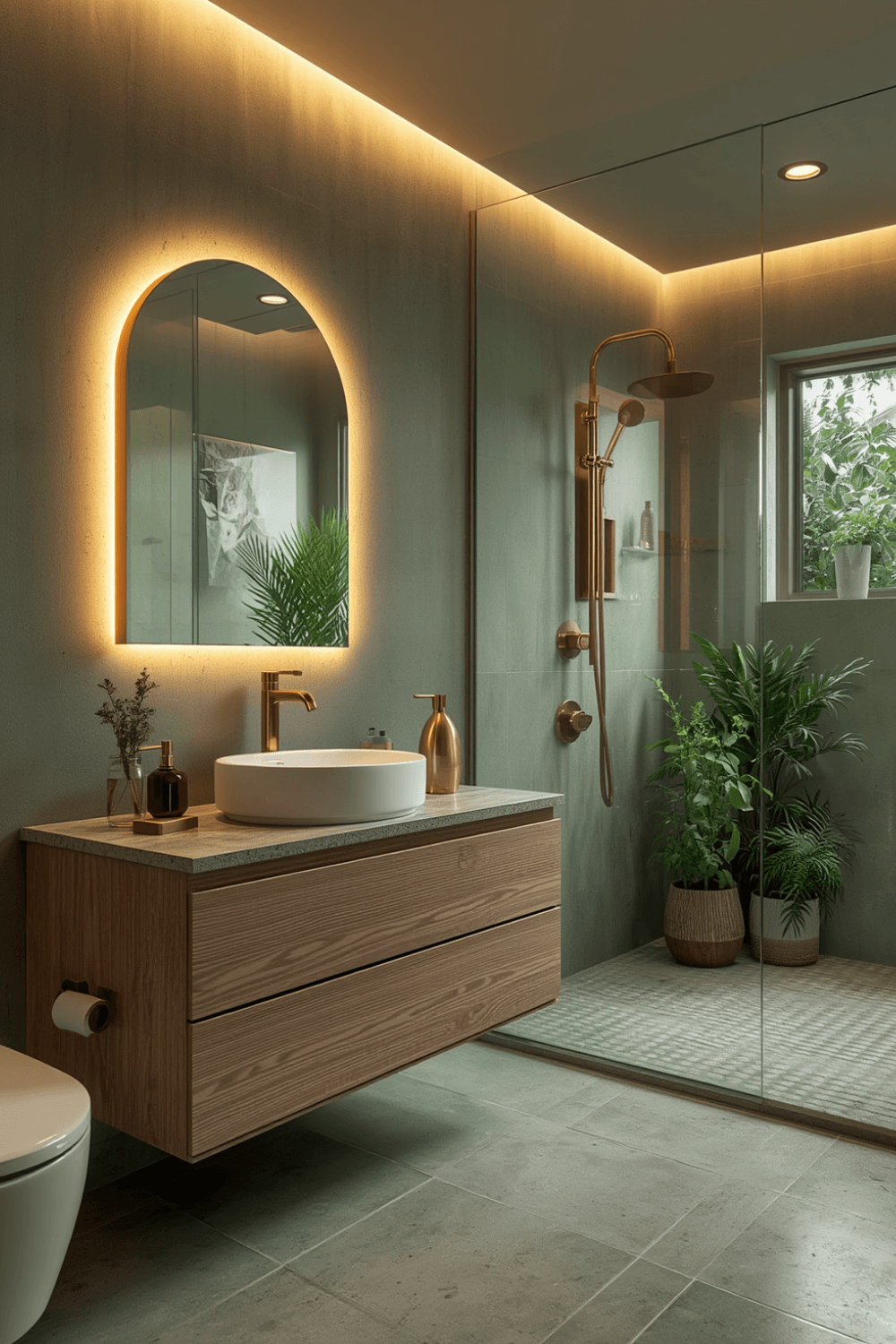 Warm oak floating vanity with brass hardware