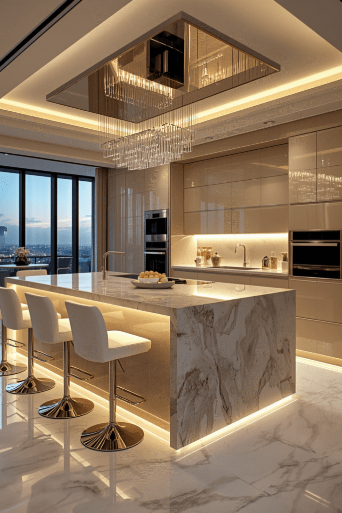 Waterfall Marble Kitchen Island