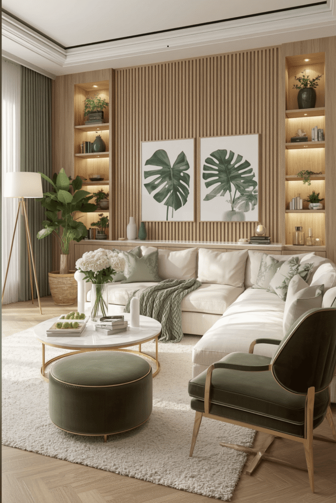 4. Add warm wood tones to soften the coolness of deeper greens