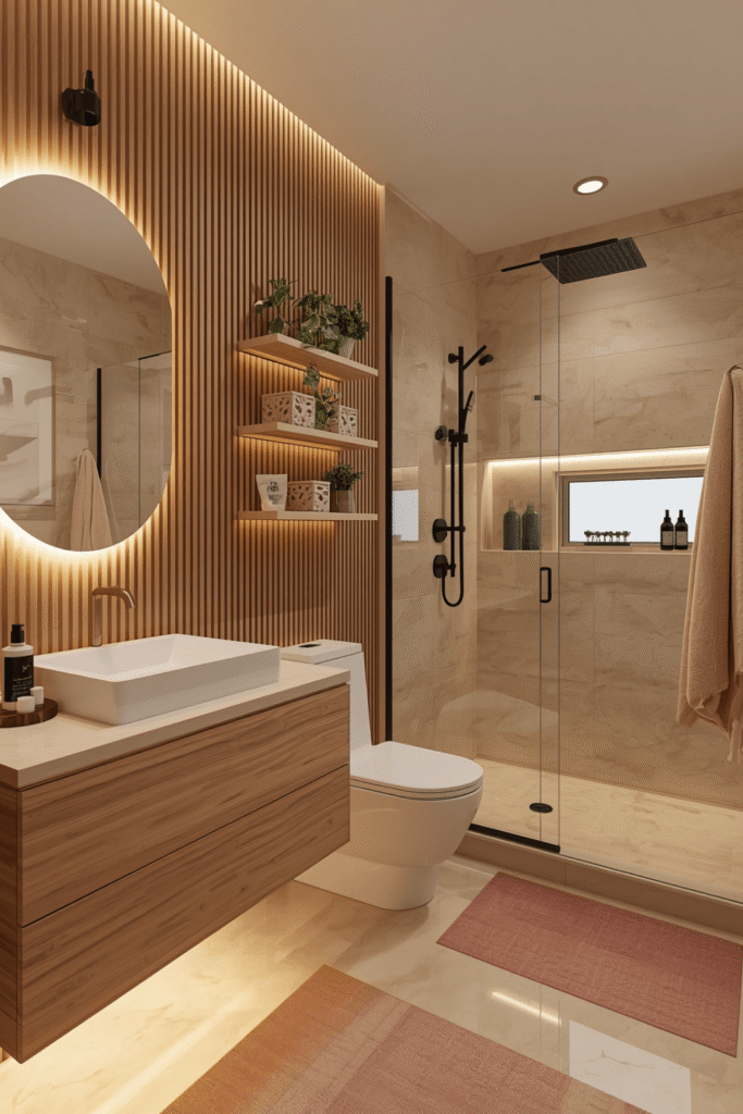 1.Wood Slat Bathroom Wall