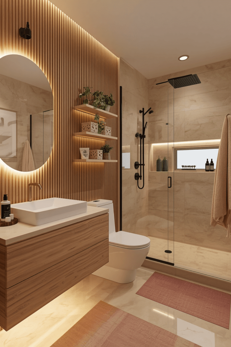 1.Wood Slat Bathroom Wall
