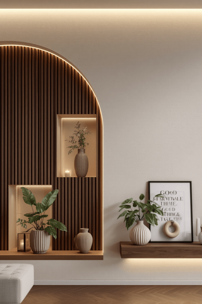 4. Floating Wood Shelves — Function Meets Style