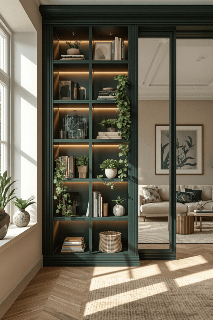 Green Built-In Shelves Making the Color Feel Intentional